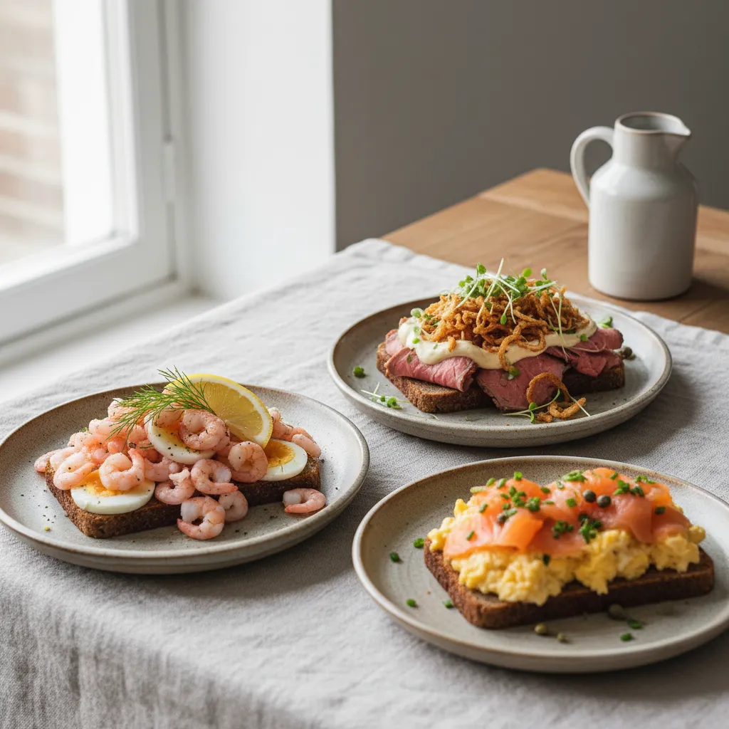 Norske smørbrød med reker, roastbiff og laks